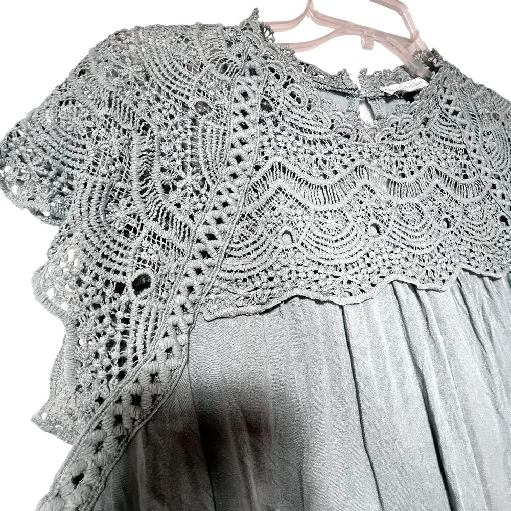 FSL Apparel Green Crochet Lace Yoke Sleeveless Tunic Blouse Top Button Closure - Picture 3 of 12